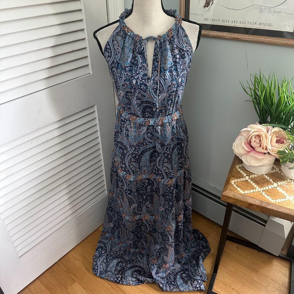 Carolina Constas Dress Womens Small Blue Paisley Maxi Halter Tiered Coastal